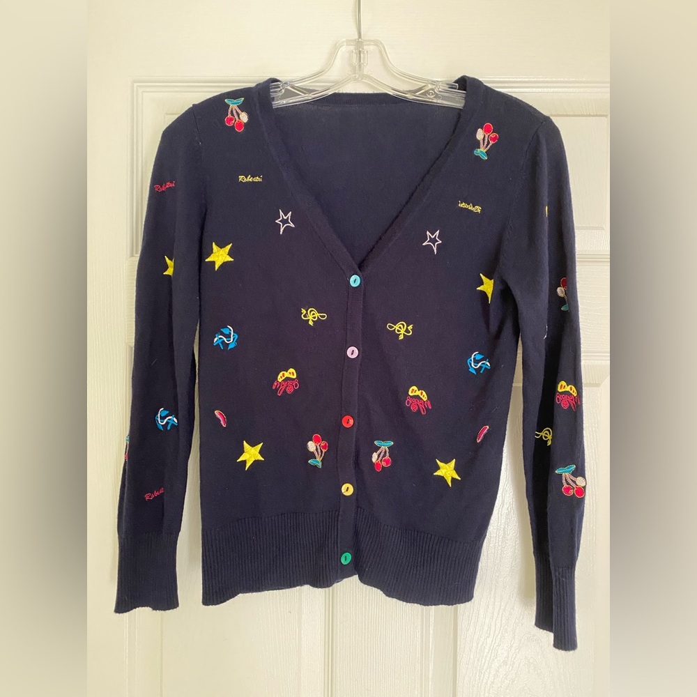 Navy Blue Star Cherry Music Note Colorful Embroidered Cardigan Quirky - Size M